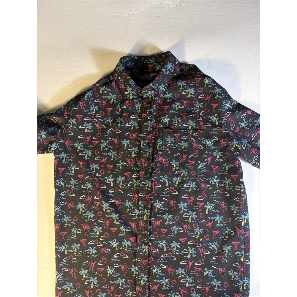 Retro Rifle Shirt Mens M Black Pink Tropical Palm Girl Martini Button Real Nice